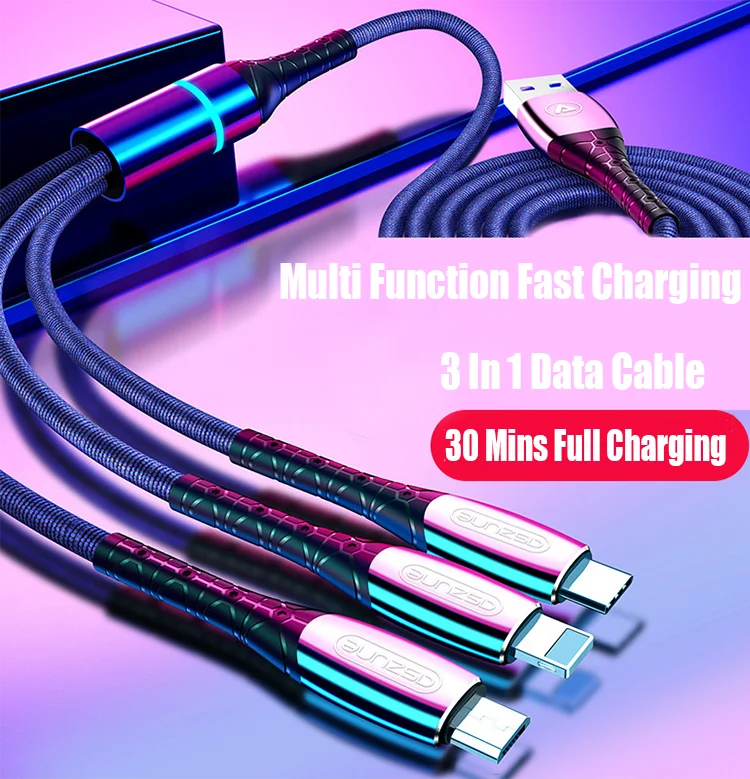 
Universal All In One Durable woven cloth one drag three Multi USB Data Charger Cable 3in1 data usb cable with lighting 