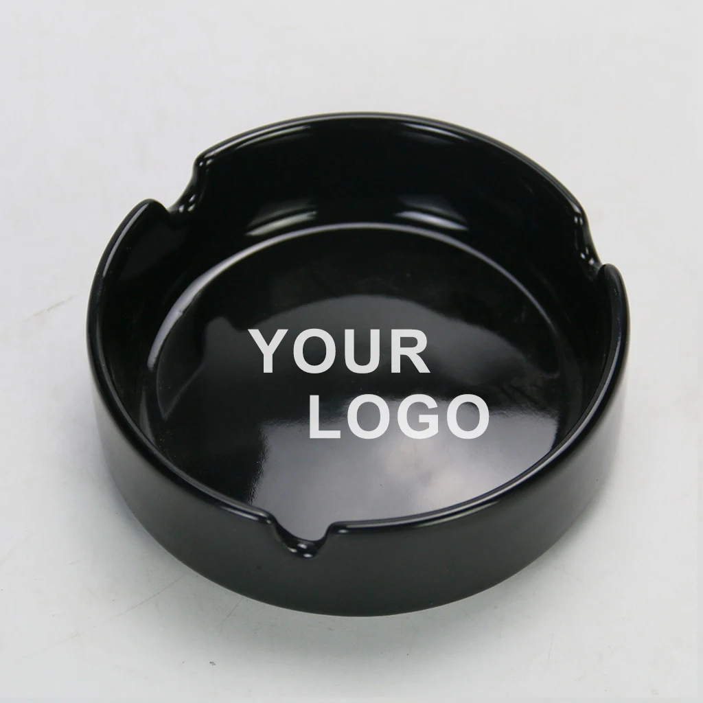 modern custom  ceramic cigar cigarette ashtray black glazed printing logo for indoor outdoor home decor