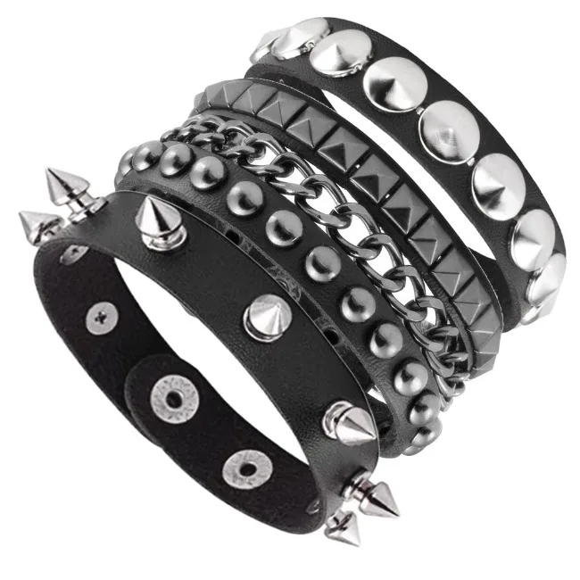 SC 2024 New Trend Black Layered PU Leather Bracelets Set Personality Wristband Spike Rock Punk Bracelet For Women Men