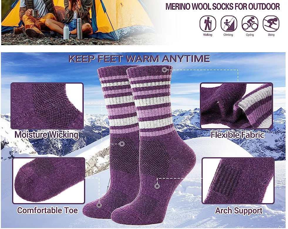 Womens stripe dress  Merino Wool Hiking Socks Thermal Warm Winter Boot Crew Cushion Work Gift Socks 5 Pairs