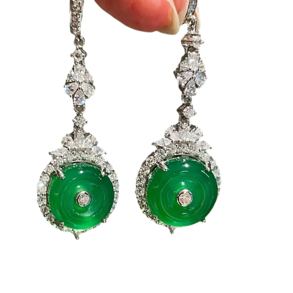 925 Sterling Silver Plated 18k Gold Earrings New Chinese Style Round Natural Green Chalcedony Eardrop