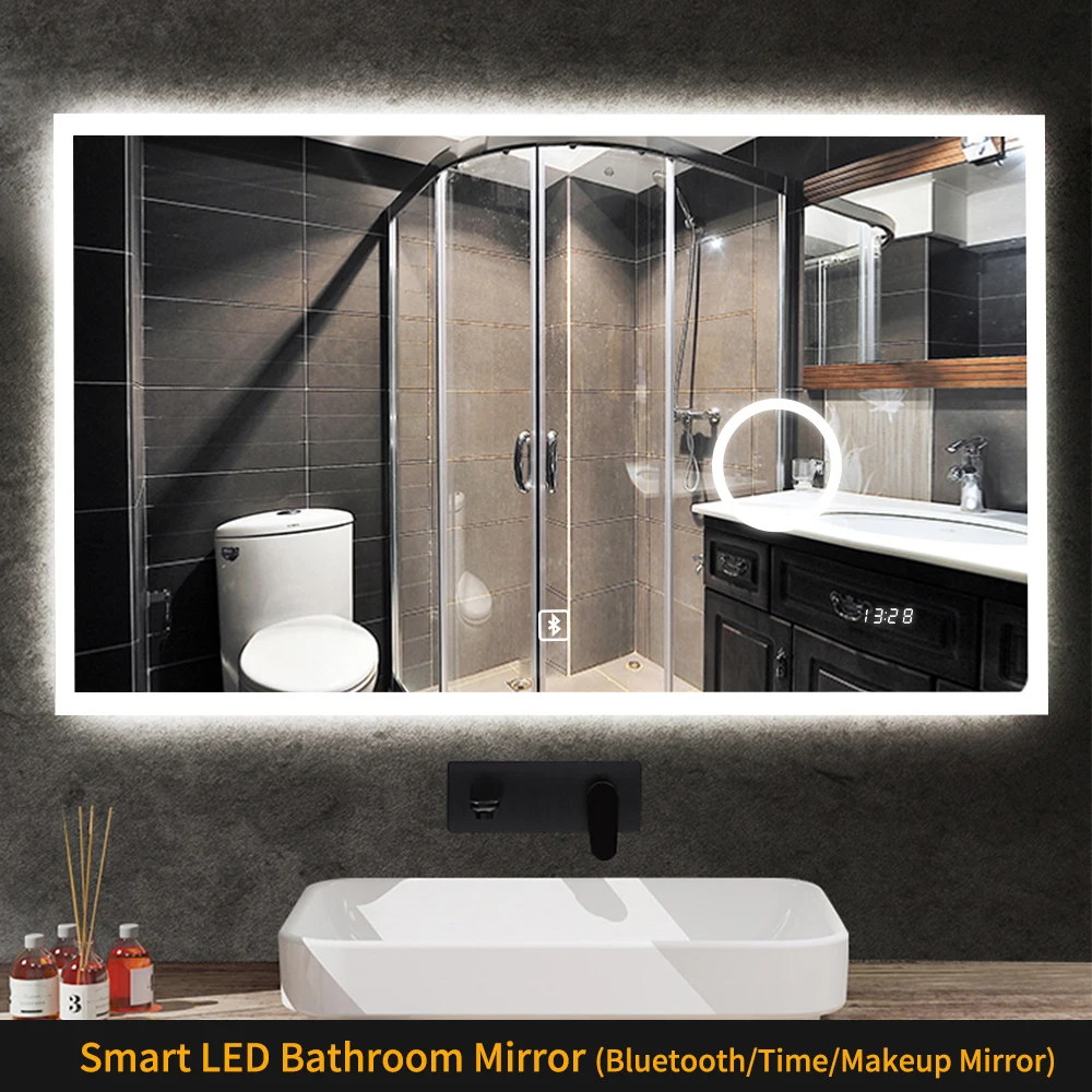 Accept custom front lighted led bathroom mirror magnifying with clock and bluetooth speaker rectangle 48 inch 32 inch