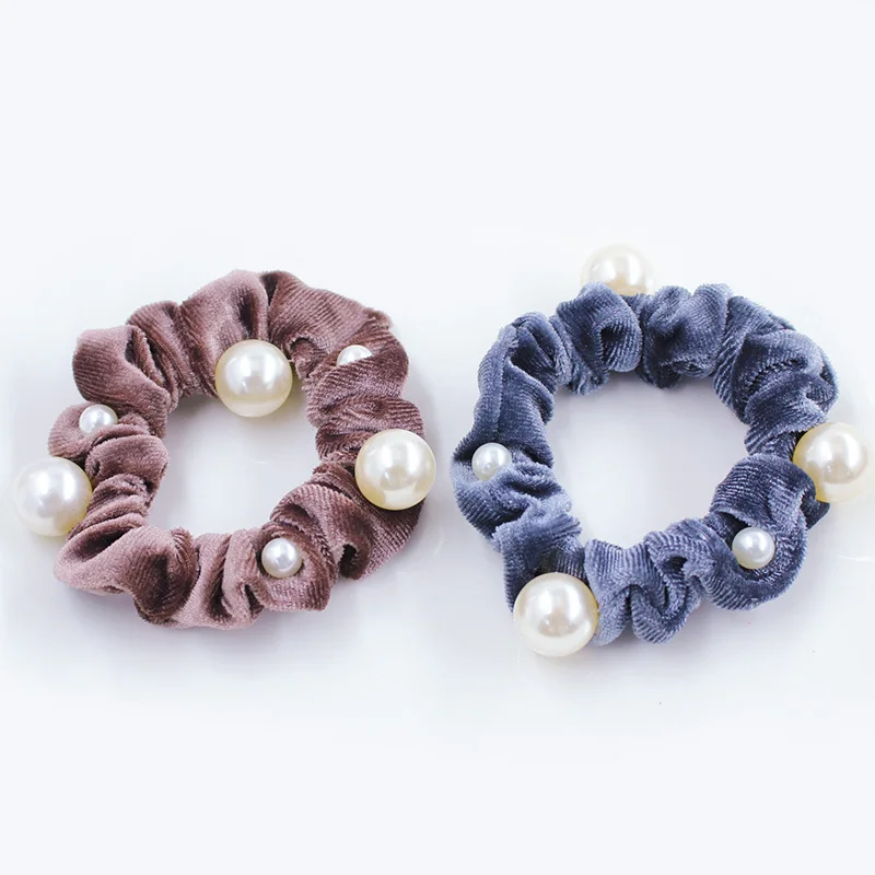 Wholesale Velvet Hair Loop Mixed Color Pearl Style Headwear With Curly Hair and Tie Hair