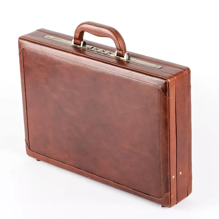 Glary vintage italian hard sided leather portfolio folding brief case with long lock
