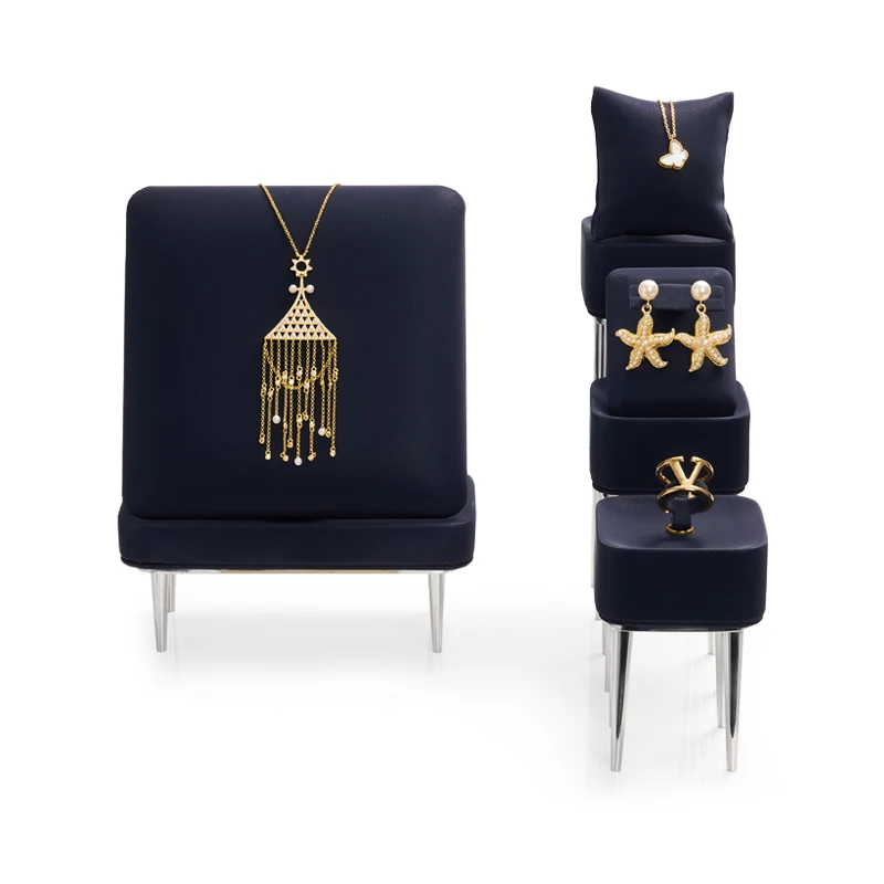 FANXI New arrival luxury Navy blue Microfiber Display stands for ring earring pendant Metal holder Jewelry showcase display sets
