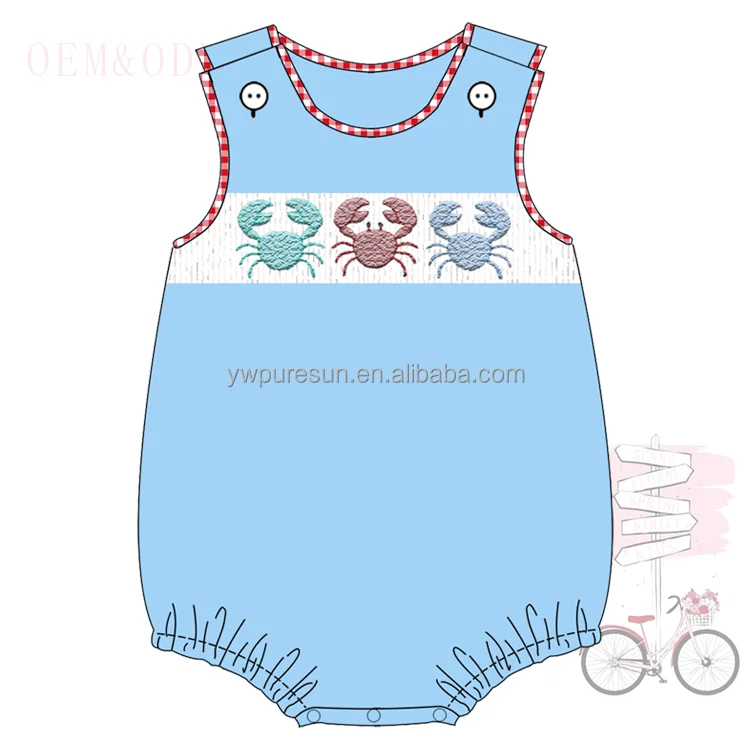 Hot sale boutique design beach clothing crab smocked French Knot siblings set children wear wholesale baby clothes