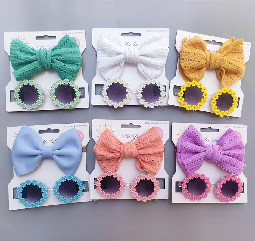 Wholesale New Kids Summer Sunglasses Flower Eyeglass With Headbands Set Kid Daisy Flower Eyeglasses Nylon Headbands Bows Gifts