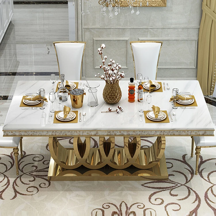 Contemporary UK DUBAI Royal furniture italian design gold stainless steel marble top rectangle big dining table 10 seater set