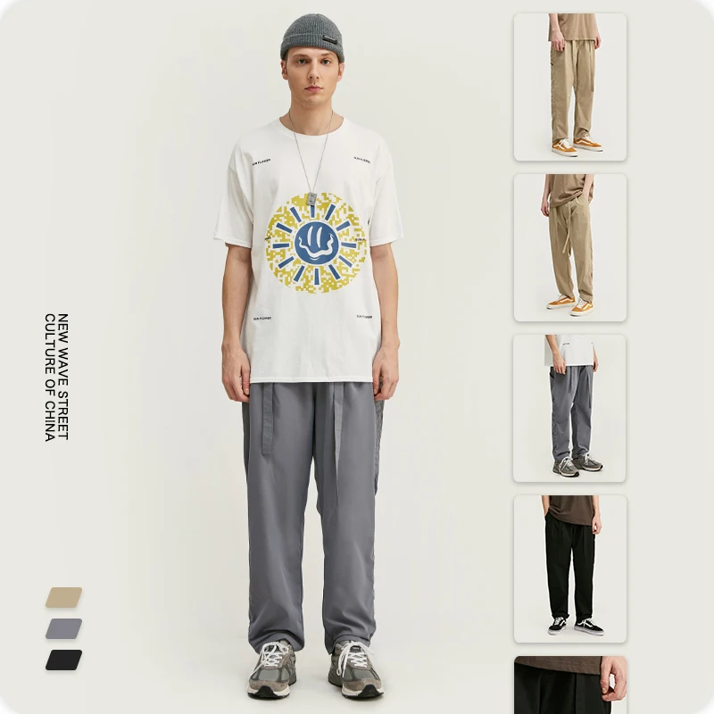 Breathable 100%polyester fibre men trousers loose elastic belt pants in men