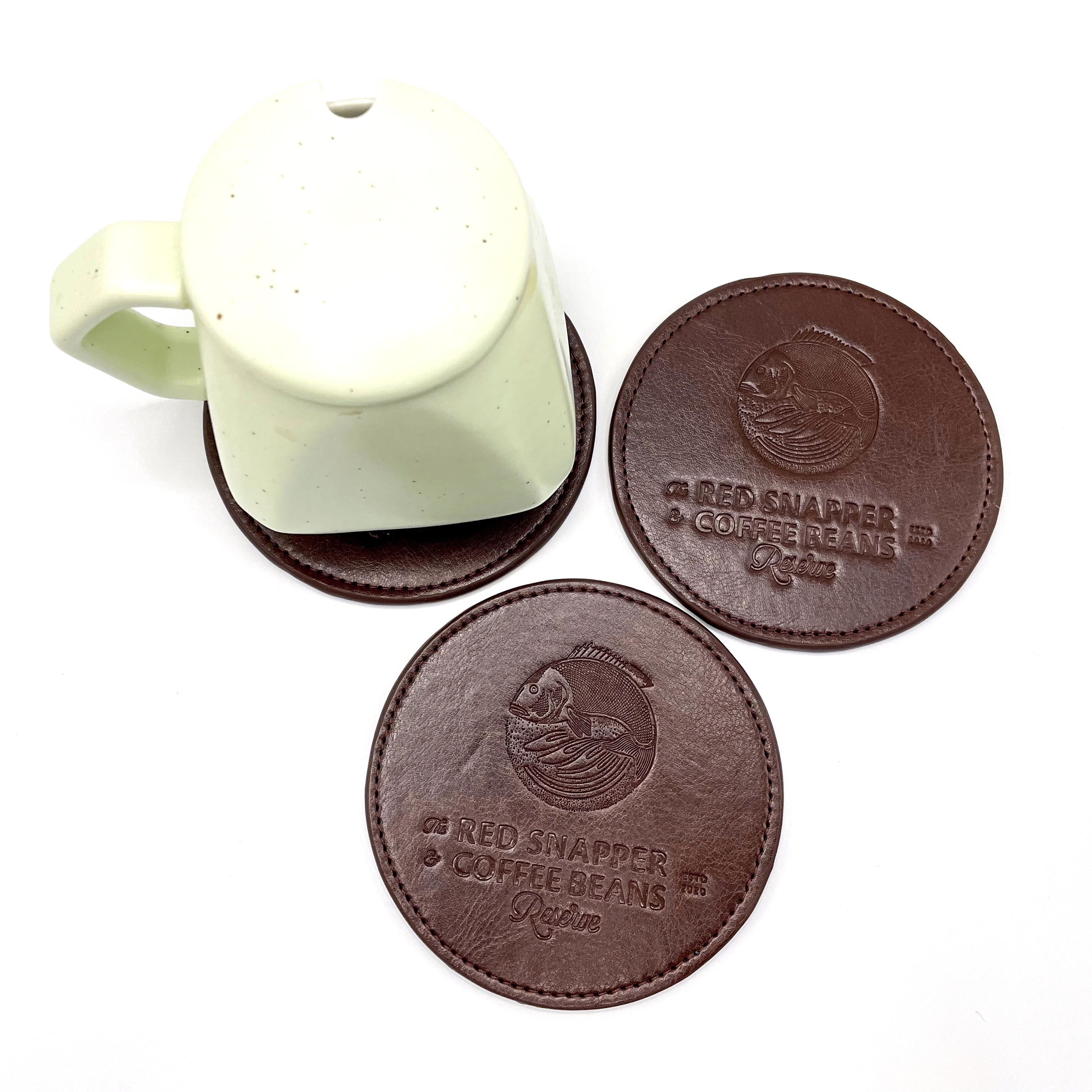 Bulk Heat Resistant Hotel Colorful Coffee Drinks Tea Cup Mat New Design Hot Pressing with Gild Logo PU Leather Coaster Set