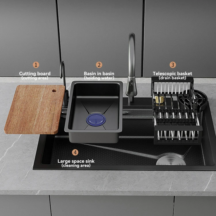 Modern Stainless Steel Black Waterfall Apron Farmhouse Sinks Countertop Dish Storage Drying Rack Mixer faucet Nano Kitchen Sink