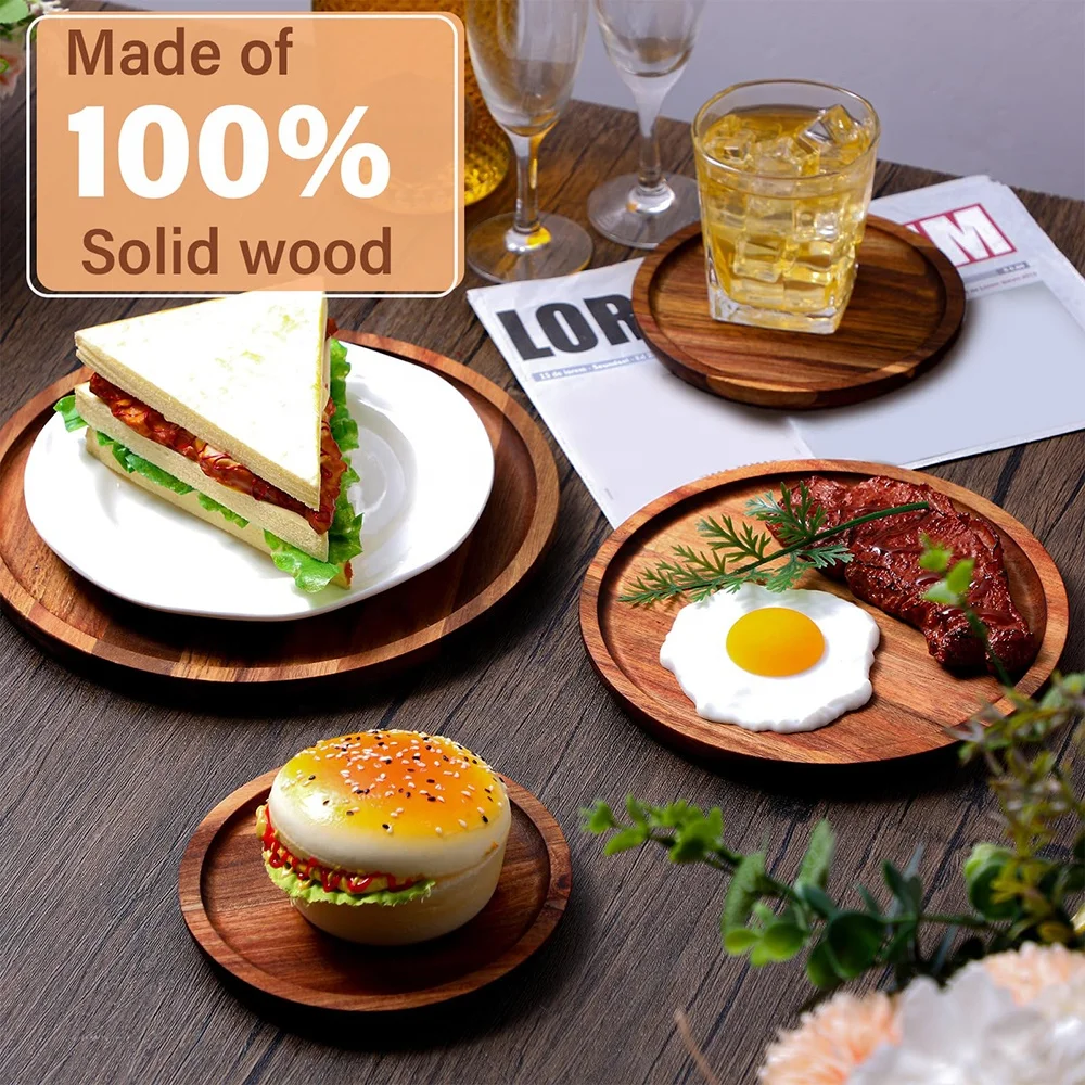 Luxury 6/8/10 inch wedding decorative dinner food serving dishes & plates round acacia wood charger plate wholesale wooden plate