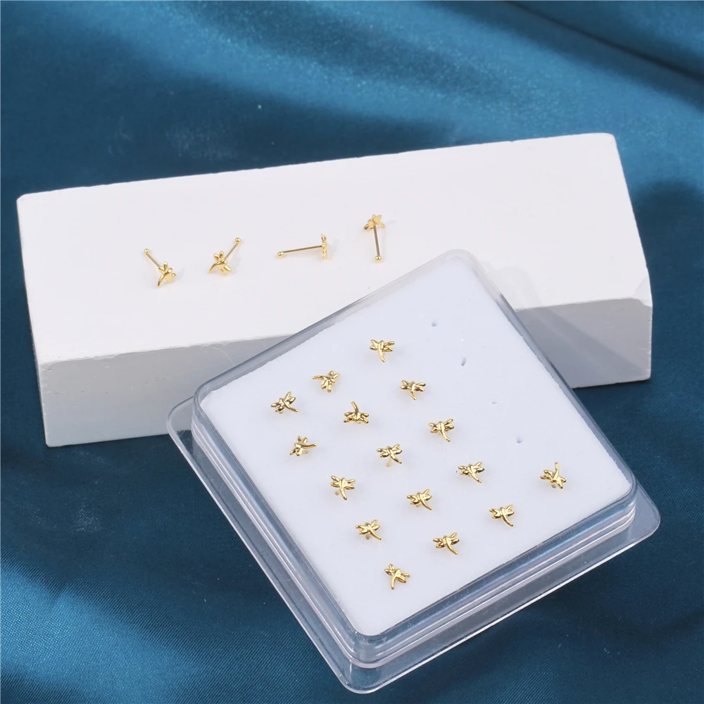 20 PCS Tiny Dragonfly Nose Studs Bendable Soft Ball End Nose Bone Pin Nostril Nose Piercing Boxed Jewelry Wholesale 22G
