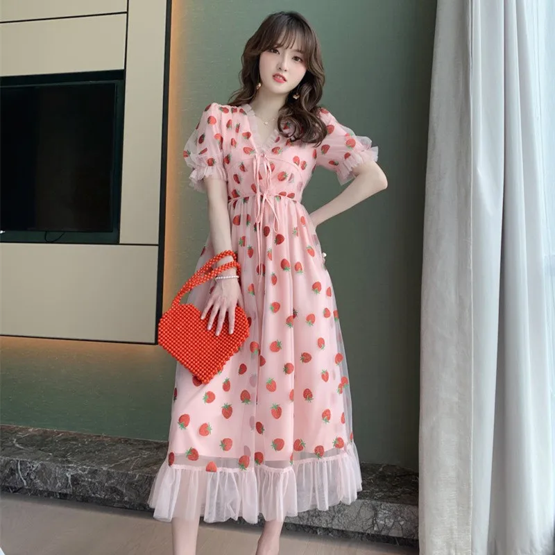 Summer Vacation Dresses Casual Girls Summer Strawberry Printed Pink Sweet Midi Dress