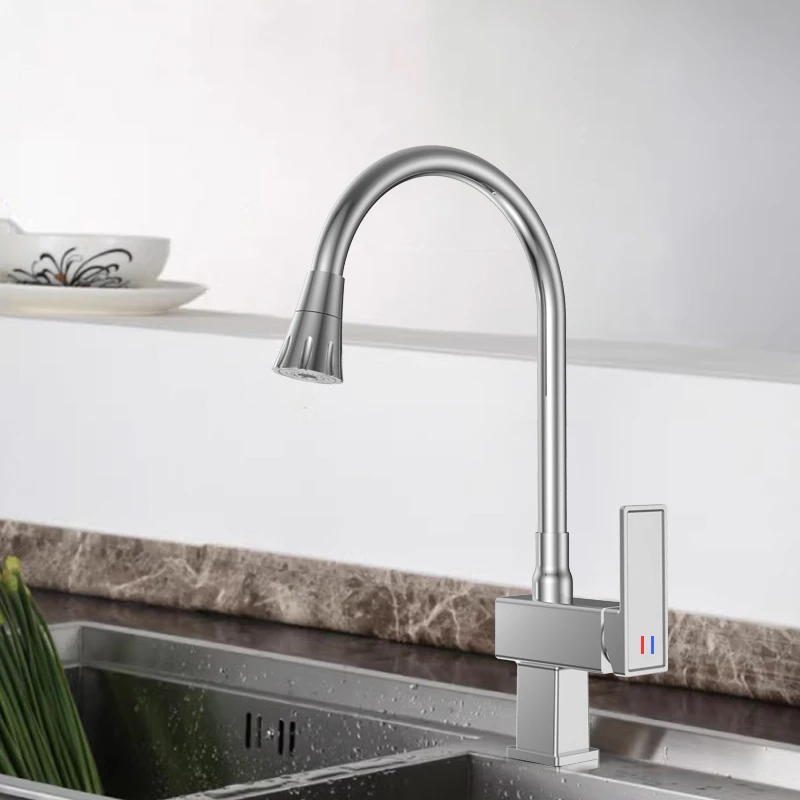 Hot Selling Modern Design Single-Handle Kitchen Sink Faucet Brushed Brass Body Double Outlet Ceramic Valve Core Single-Hole