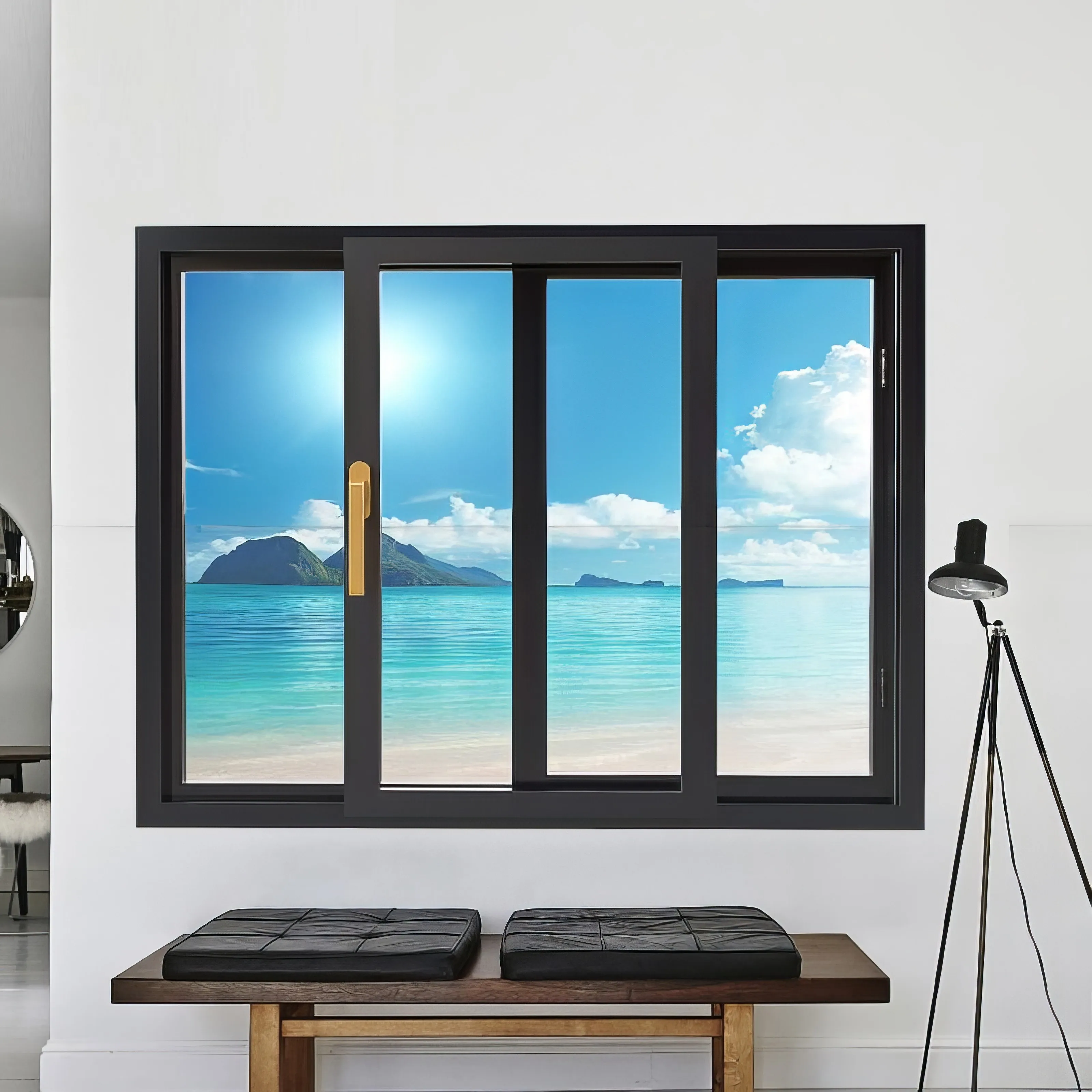 Modern bay window kitchen balcony: double glazed aluminum sliding windows and sliding doors, black bathroom windows
