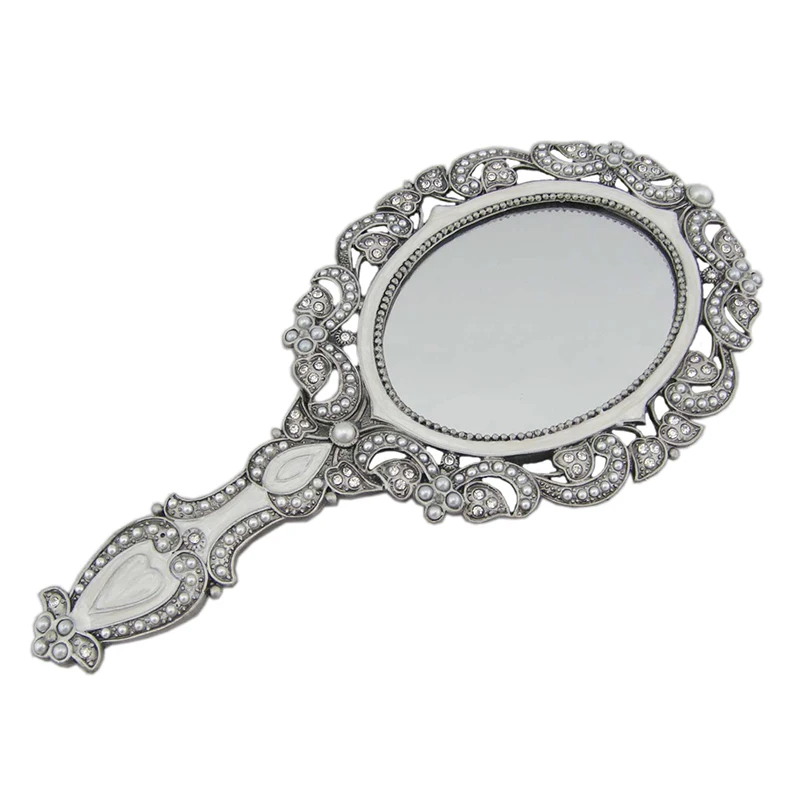 Antique Pewter White Hand Enameled And jeweled Metal Zinc Alloy Framed Oval Hand Held Mirror