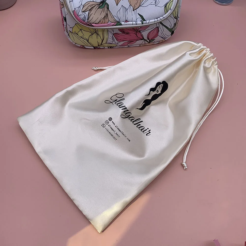 Beige  Custom Size Drawstring Satin Hair Extension Packaging Bags with Tassels