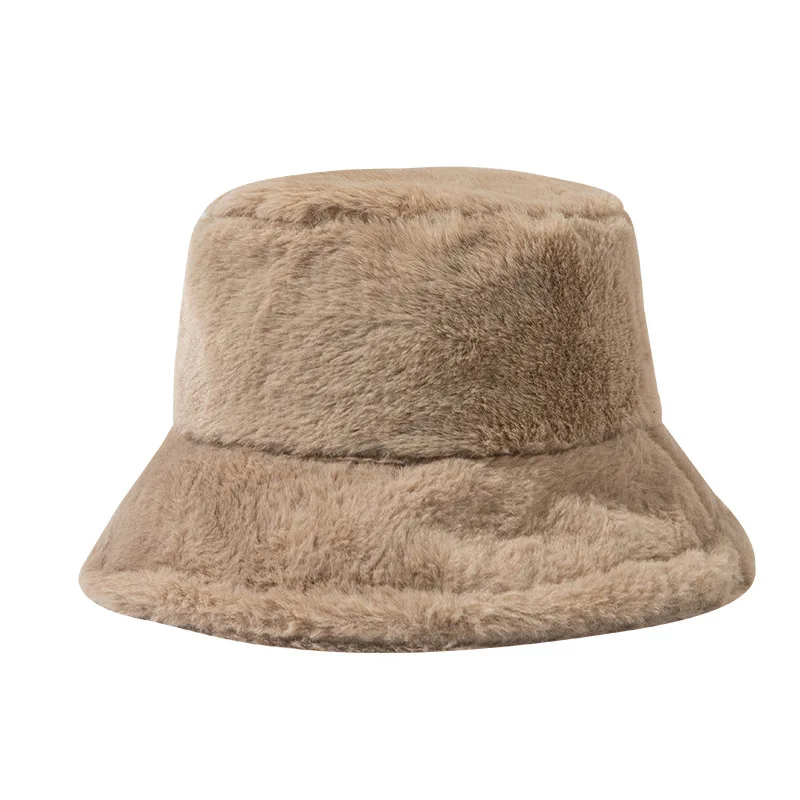 Wholesale Custom Vintage Solid Color Thickened Fuzzy Warm Fisherman Hat Winter Faux Rabbit Wool Fluffy Plush Bucket Hat