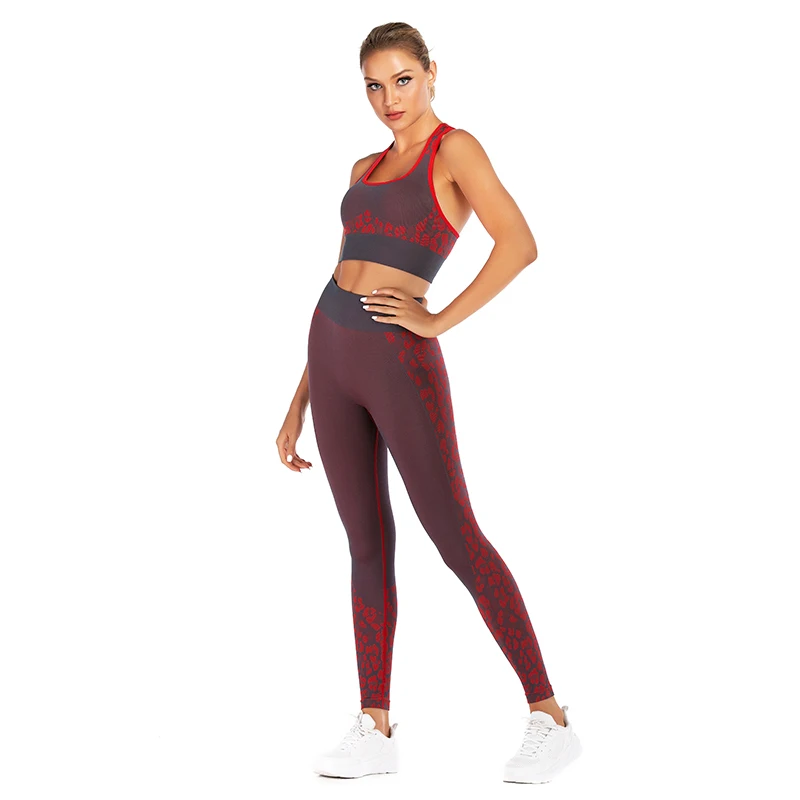 Wholesale Women Leopart-print Seamless Suit High Waist Llift Hip Leggings Running Exercise Yoga Sets