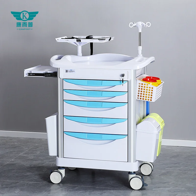 Factory best sell hospital mobile ABS treatment rescue trolley crash cart with wheel defibrillator shelf
