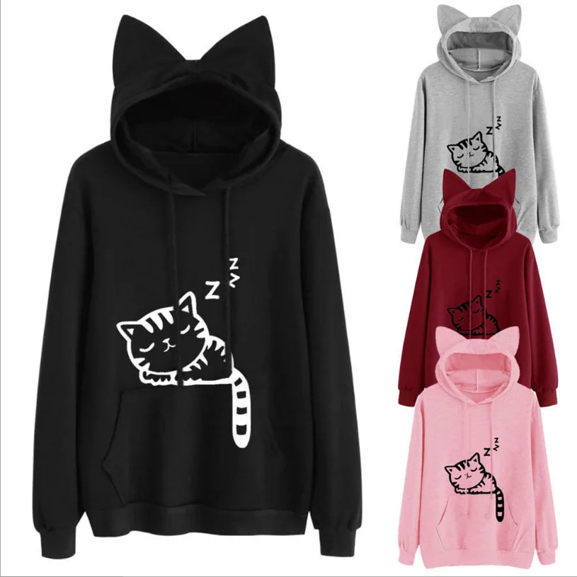 Custom Logo Slim Cotton Women Printed Decorative Cat Ear Hooded Pullover Hoodies Teen Girl Hooded Sweatshirt