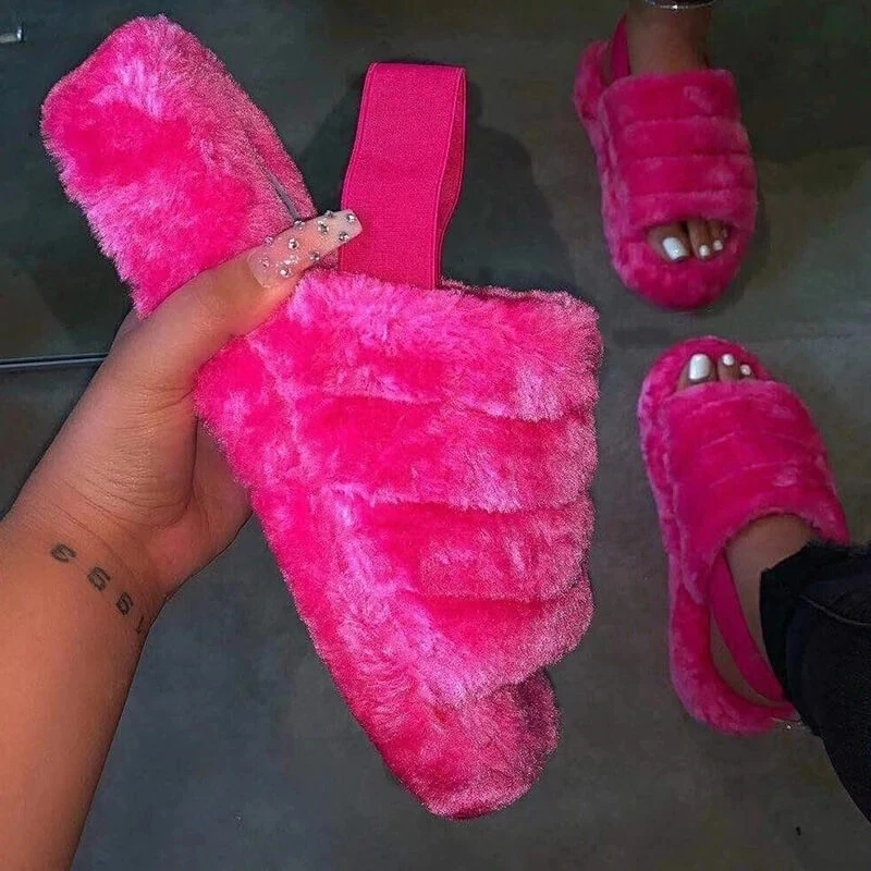 2020 New Design Antiskid Slippers Thick Bottom Tie Dye Leopard Solid Plush Slippers Elastic Belt Plush Slippers