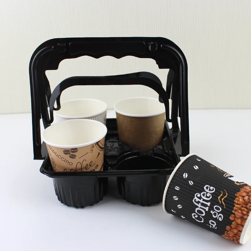 Wholesale Disposable Black Plastic Coffee Cup Holder Tray Drink Holder Basket With Handle
