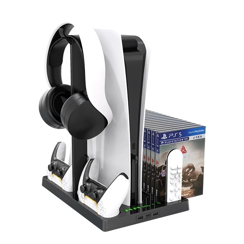 
Vertical Cooling Fans Stand with CD Case For PlayStation 5 Ps5 Game Console With Dual Charger Dock Headphone Holder For PS VR 