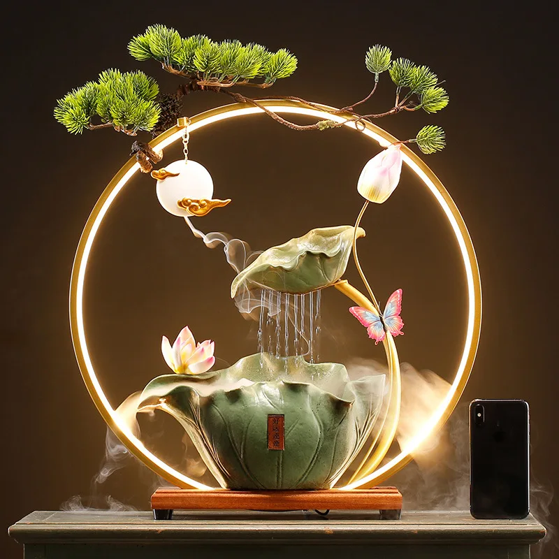 Lotus Shaped Ceramic Water Fountain with Smoke Home Office Desktop Small Waterfall Fountain with Incense Burner Light