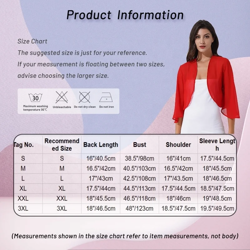 3/4 Sleeve Chiffon Cardigan Bolero Jacket Wedding Party Bridal Dress Cover Shawls