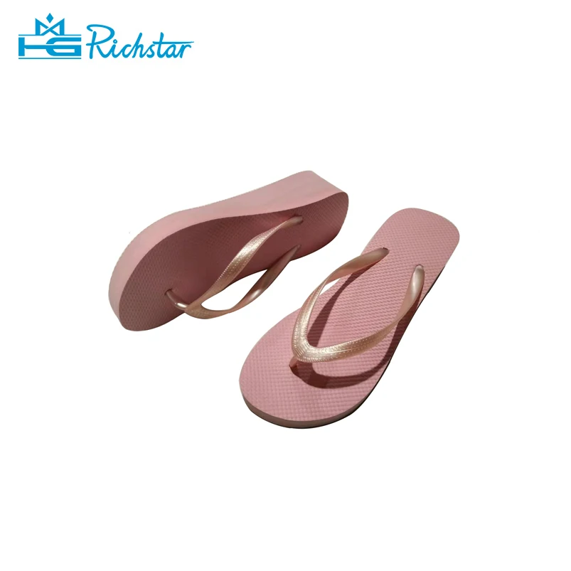 Hot sale solid color  high heel slippers ladies eva wedge flip flops beach slipper flower