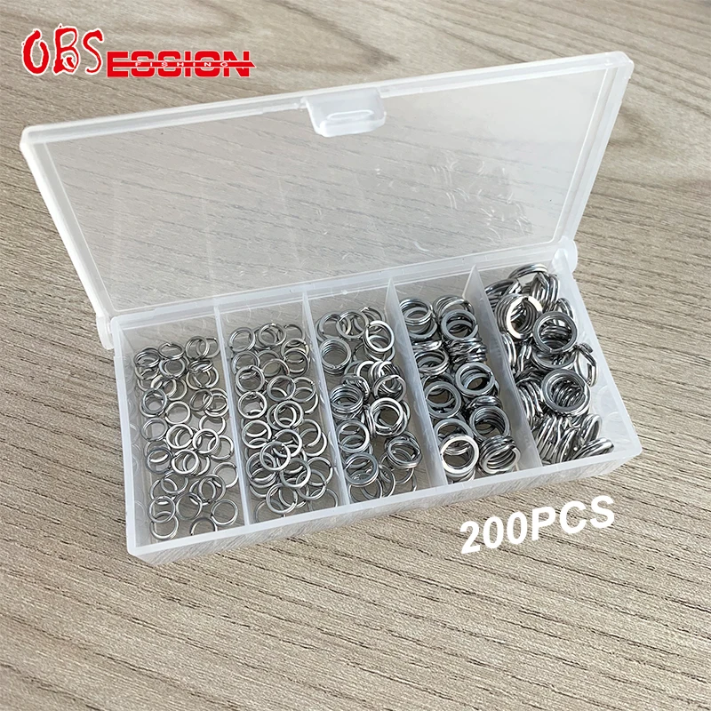 HT001 200pcs 304 Stainless Steel Split Ring Set Fishing Tackle Box Rings Blank Lures Hard Bait 5 Sizes Mixed Fishing Accessories