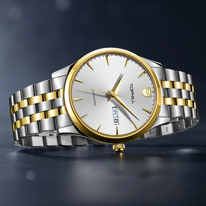Tophill TW087G Stainless Steel Auto Date Complete Calendar 5ATM Waterproof Golden Automatic Mechanical Imported Movement Watches