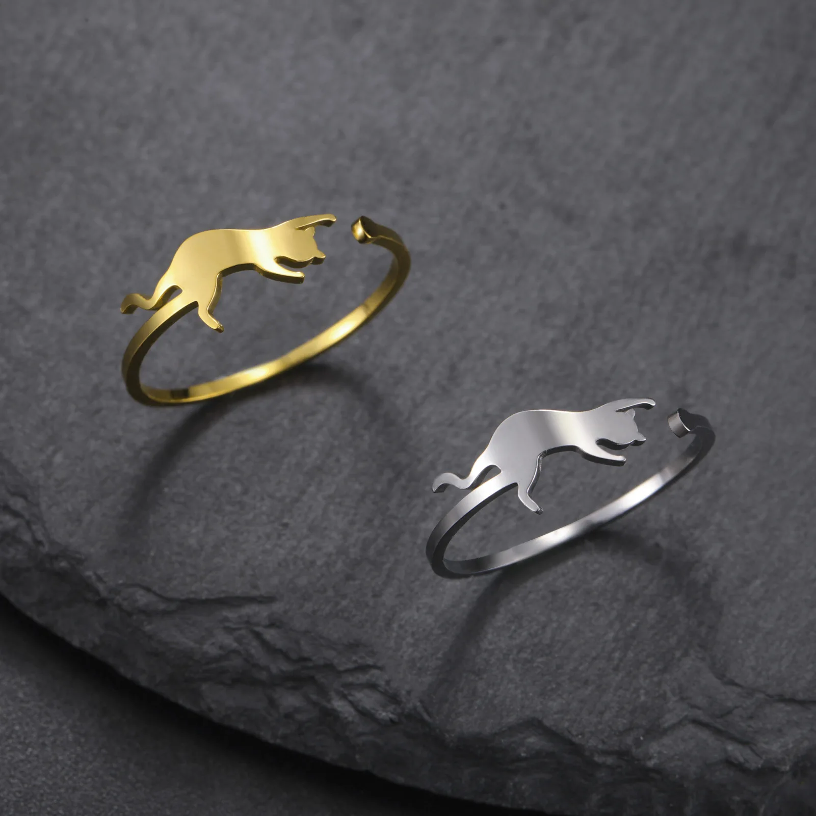 2024 Wholesale Hot simple cute cut Animal ring gold stainless steel cat adjustable fine ring for girls