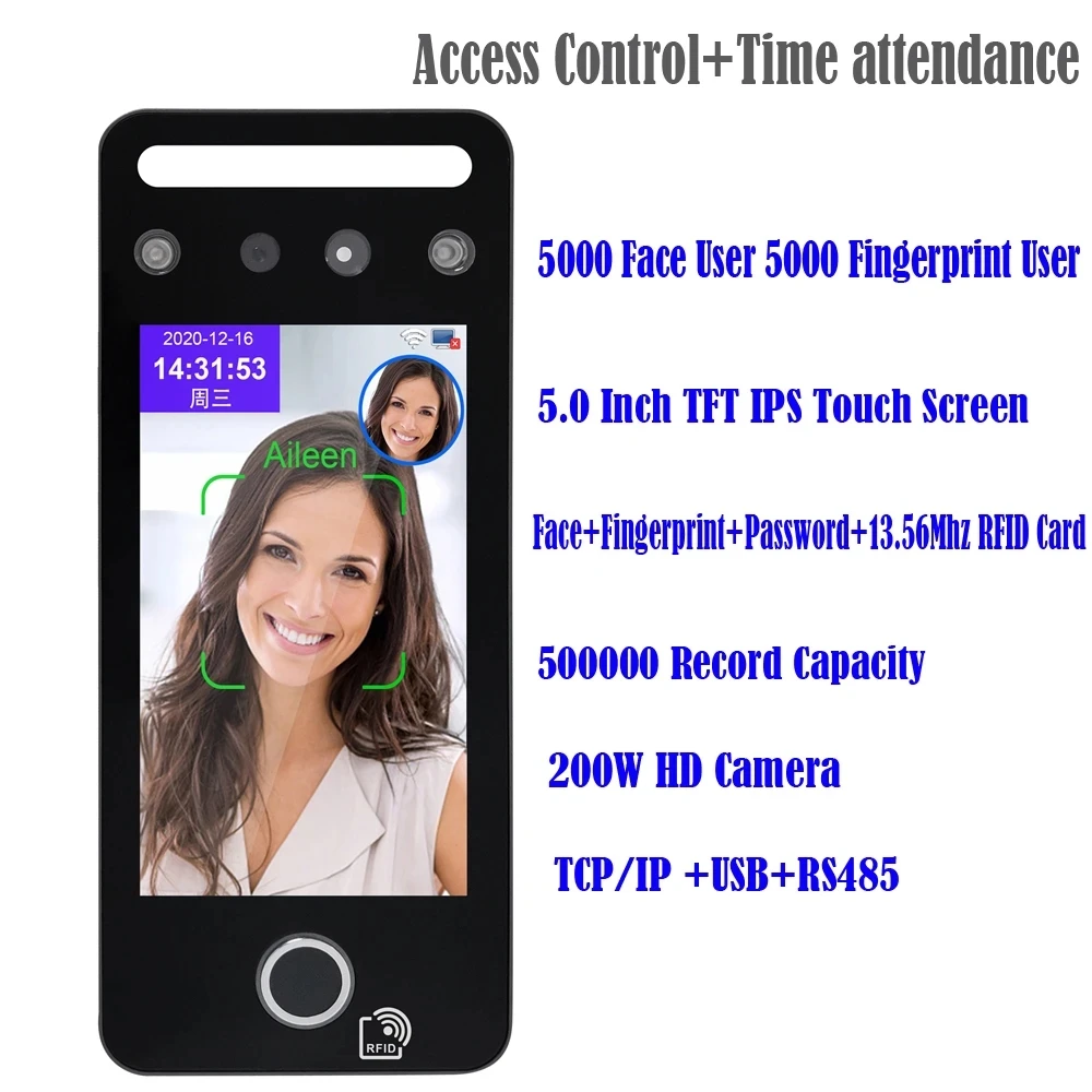 5 inch Dynamic Facial Access Control 125khz Card Time Attendance TCP/IP/USB IR Face Recognition Fingerprint Time Recorder
