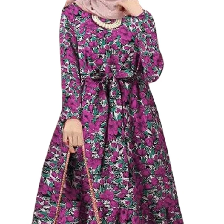Floral printing loose waist swing dress with belt modest dress abaya burqa kaftan Muslim clothes Veiling clothing
