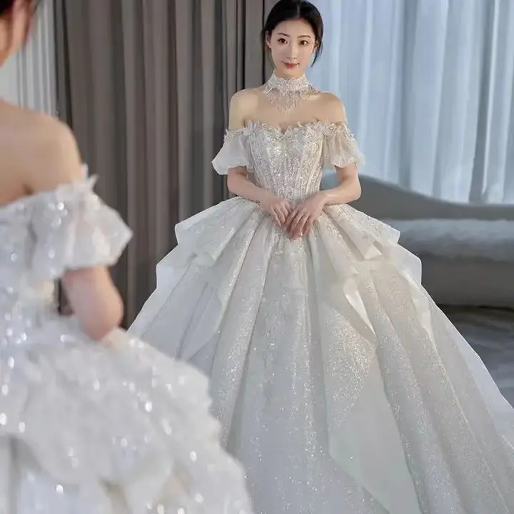 2024 new bride French style trailing off-shoulder starry sky fleeing super fairy princess summer