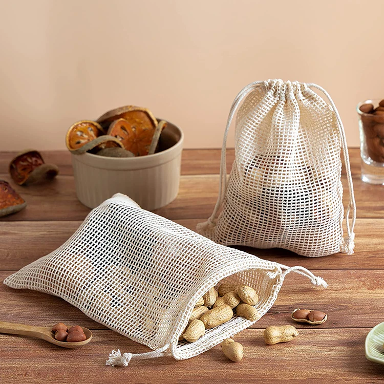 Оптовая продажа, многоразовые хлопковые сетчатые продуктовые сумки для покупок, моющиеся экологически чистые сетчатые сумки для вещей, фруктов, овощей, продуктового хранения