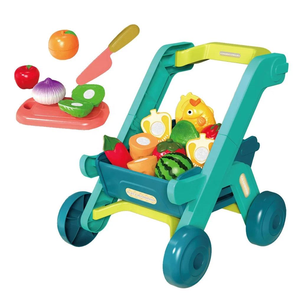 2024 Newest 43 PCS Play Cutting Fruit Vegetable Kitchen Set KL22B-2 Supermarket Pretend Play Shopping Cart Trolley Toy For Kids