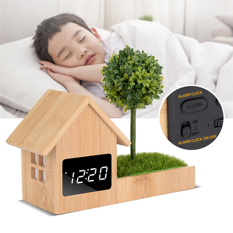 2022 New Year Gift Home Decoration Real Bamboo House shape Alarm Clock With Calendar Temperature Display best for bedroom