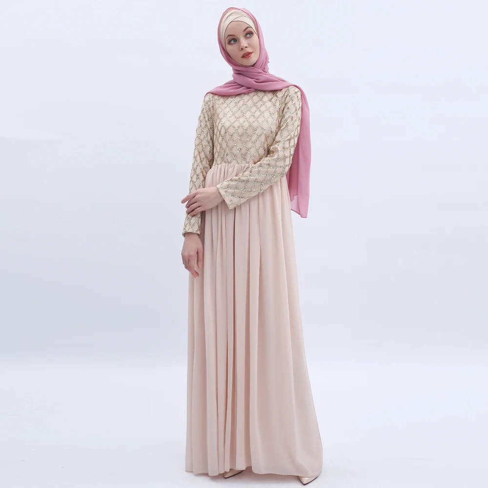 Turkish national style dress, long skirt, sequined mesh chiffon skirt Simple Modern Islamic Arabic Style Casual Dress 9510