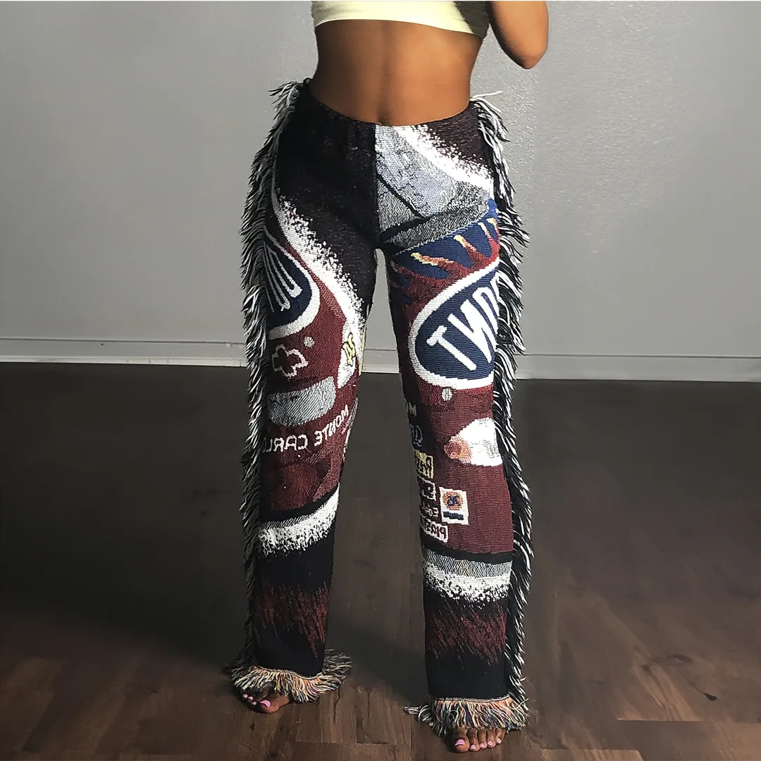 Fall Tassel Print Pants For Women Fashion 2023 High Waist Skinny Straight Pants Female Casual Vintage Long Trousers