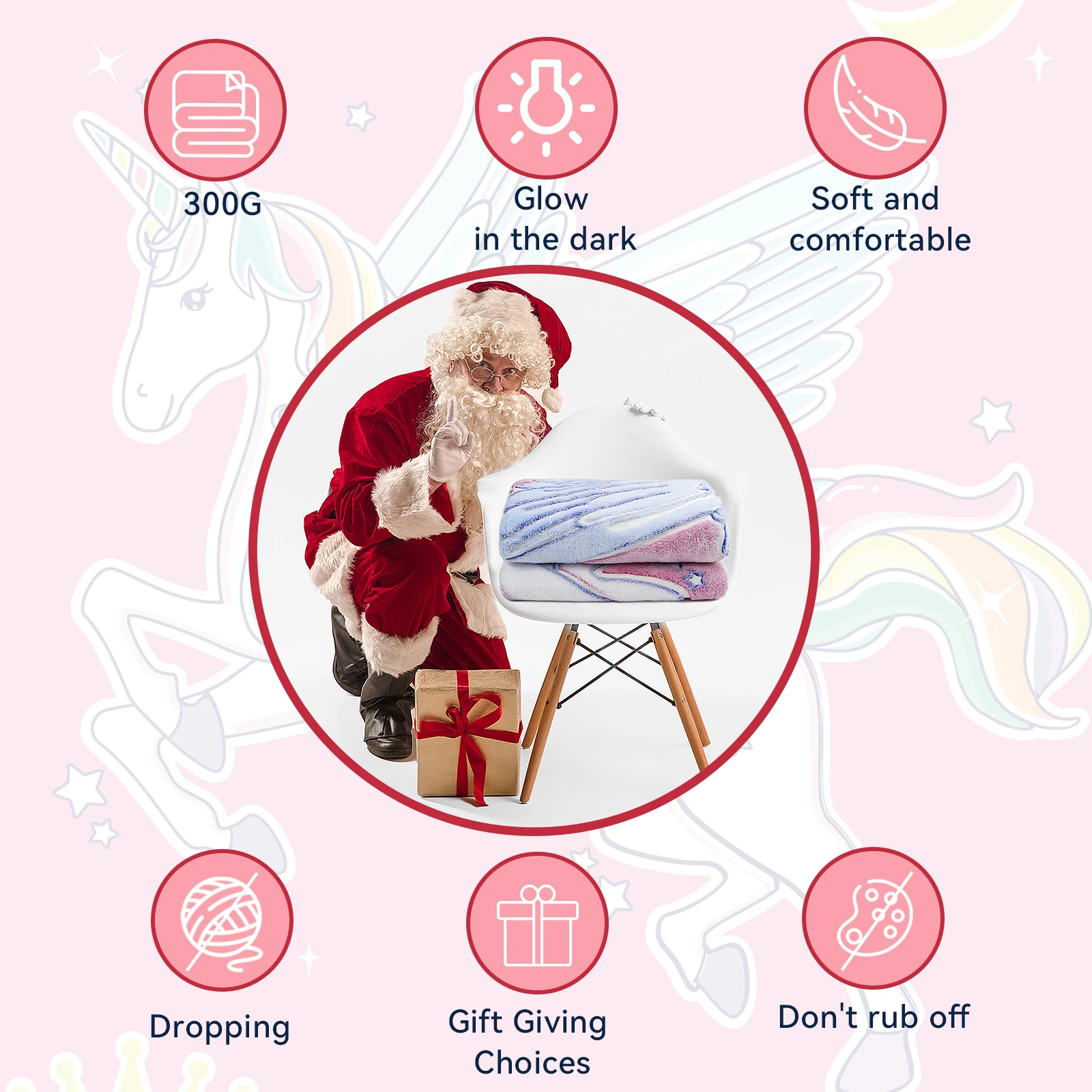 High Quality Custom Offset Printing Unicorn Design Colorful Flannel Fleece Luminous Glow In The Dark Blanket Pegasus For Kids