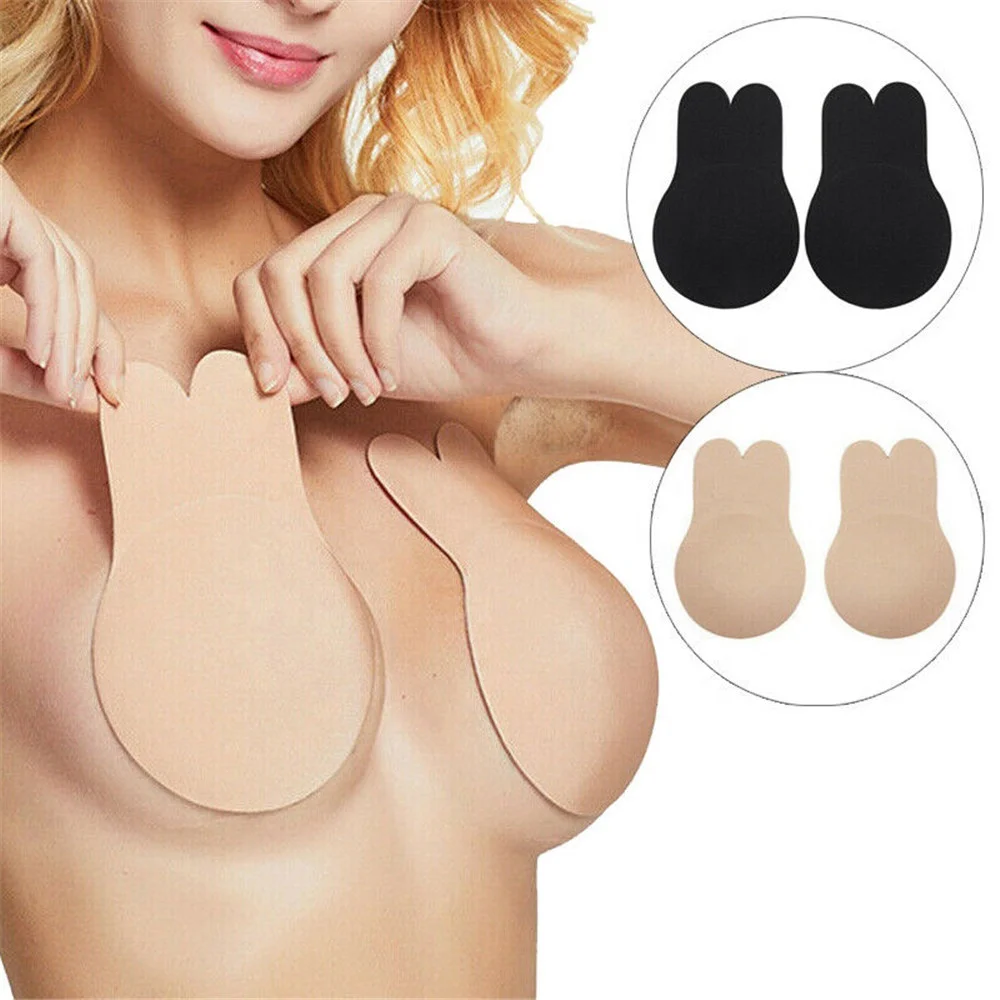 Womens Waterproof Rabbits Shape Black Lady Push Up Strapless Silicone Self Adhesive Stickly Breast Lift Up Ear Rabbit Bra
