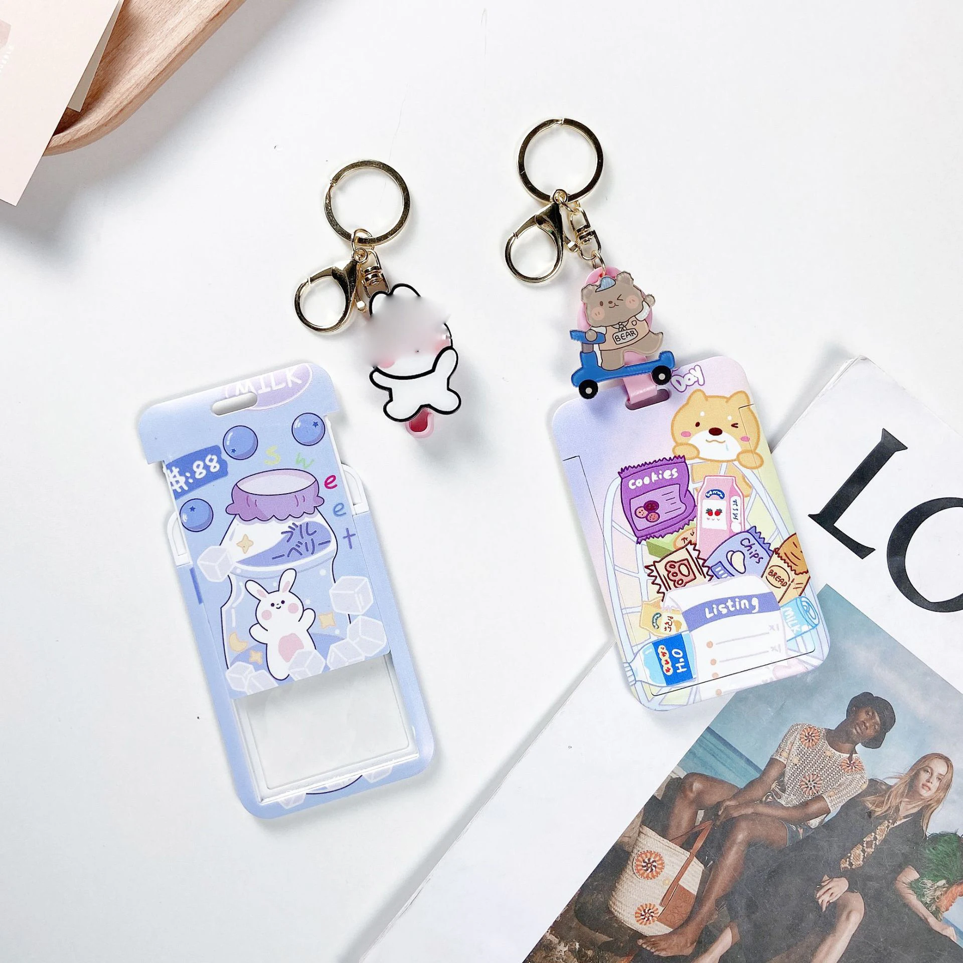 Keychain Card Holder Lovely Cartoon Dinosaur Rabbit ABS Plastic Badge Student Name Tag Cards Case with Scalable Easy Pull Buckle