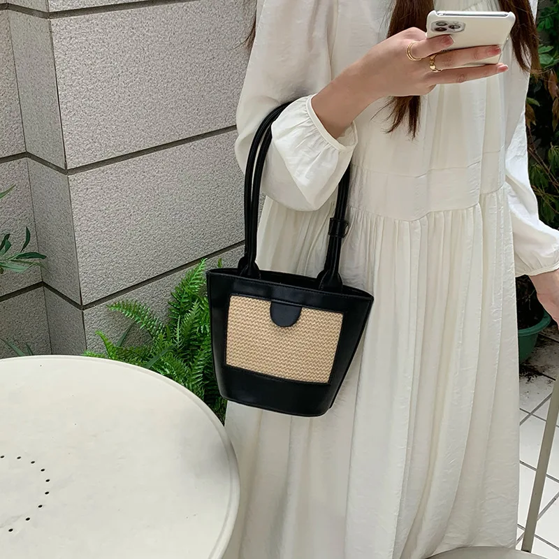 Hot sale ladies designer hand bag shoulder straw bucket bags women handbags