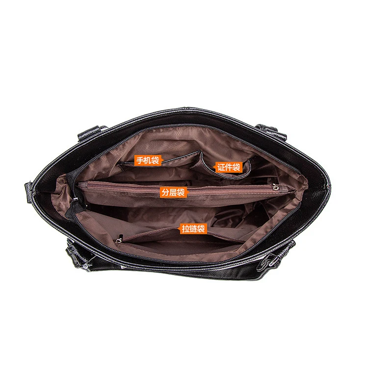 Top selling Fashion designer plain soft leather shoulder bag black top handle bags women handbag tote with inner zipper pocket