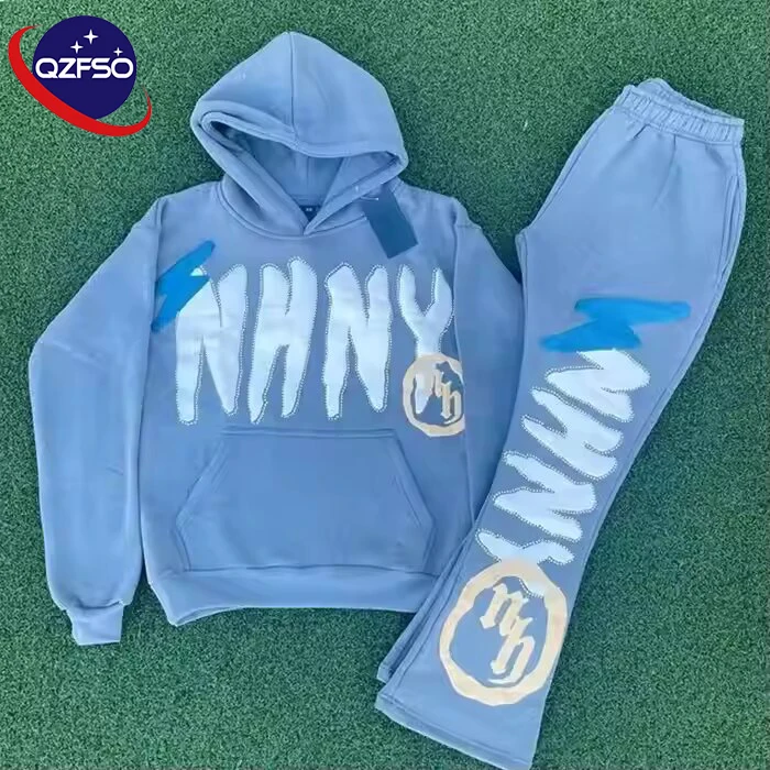 QZFSO Clothing Manufacturer Sweatsuit Men Embroidery Tracksuit Unisex Hoddie Custom Puff Printing Logo Sweatpants And Hoodie Set