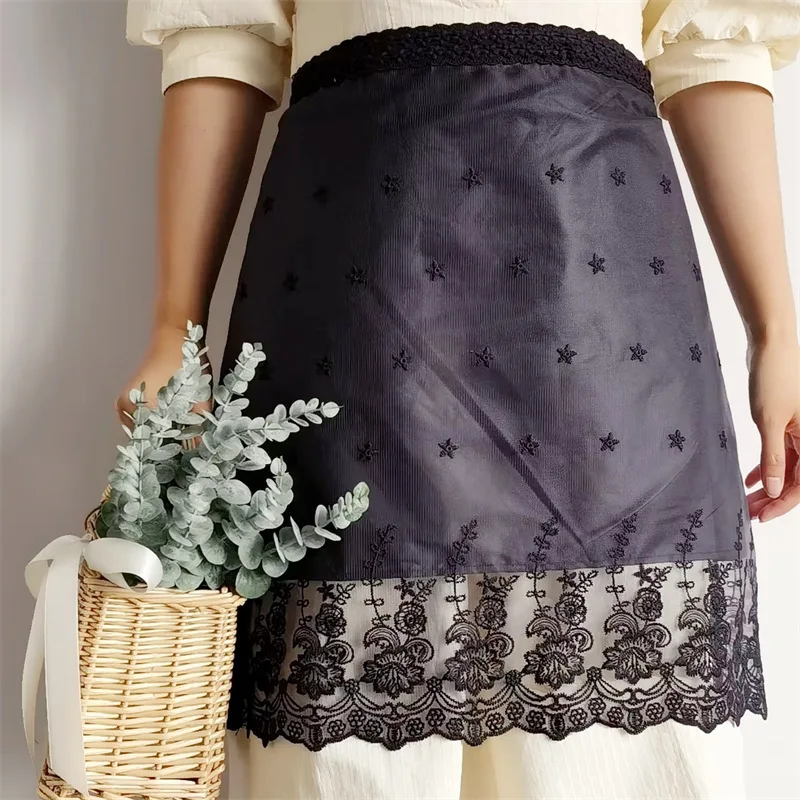 Custom Home Garden Kitchen Cooking Cotton Polyester White Lace Waist Aprons with Pockets for Women